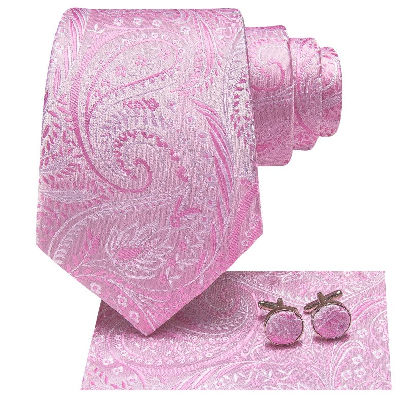 Hi-Tie Silk Paisley Ties for Men Necktie Pocket Square Cufflinks Set Foral Tie Sets Formal Business,Pink - Image 2